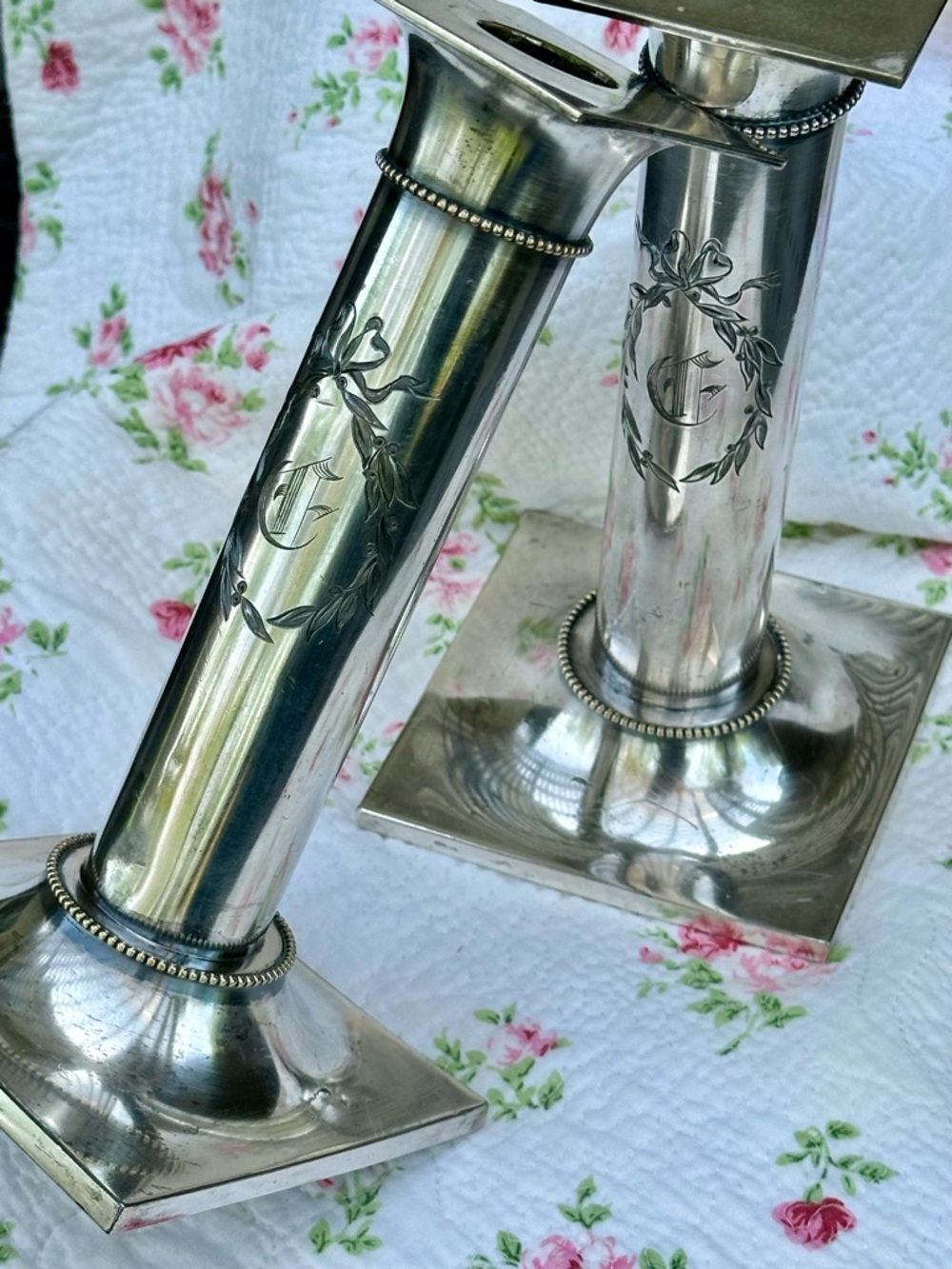 Vintage Pairpoint Silverplate Candlesticks Engraved Monogram Deco Pair - Picture 4 of 12
